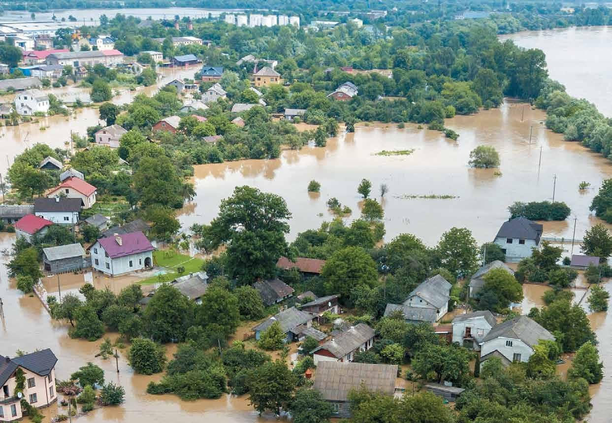 An arial shot of a flooded residential area