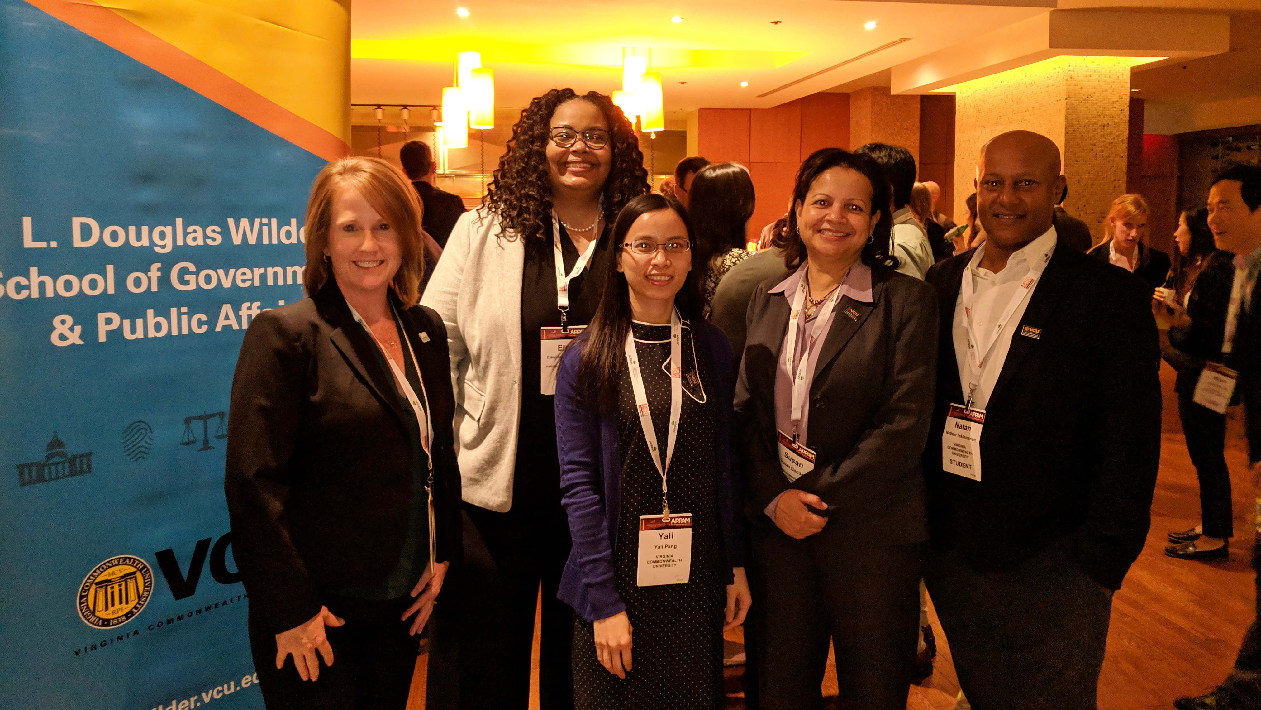 Wilder School delegation members at the APPAM Student Mixer on Nov. 9. From left to right: Jill Gordon, Ph.D., Elsie Harper-Anderson, Ph.D., Yali Pang, Susan Gooden, Ph.D., and Nathan Teklemariam. 