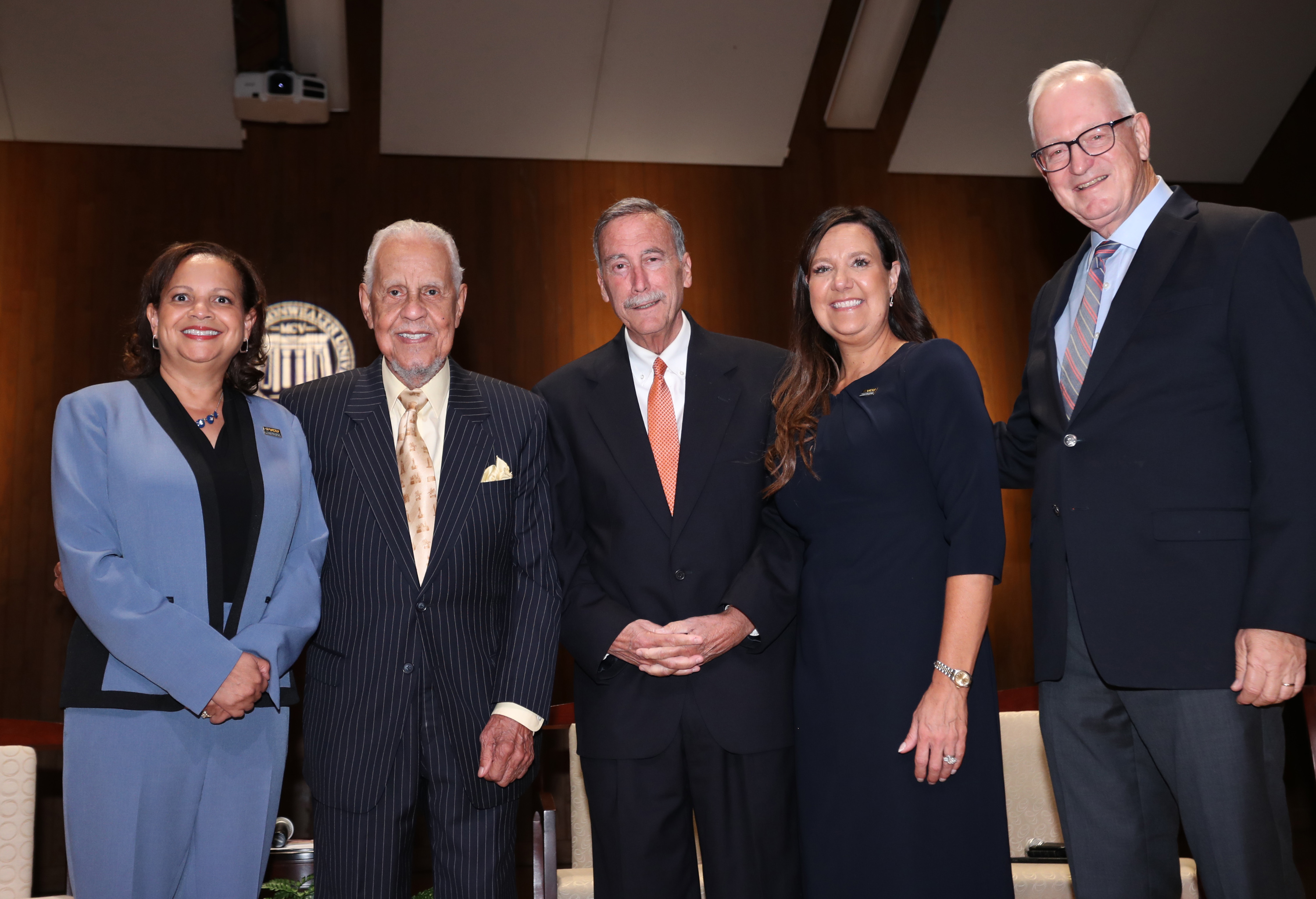 Distinguished panelists at the 2024 Wilder Symposium discuss the future of American democracy. From left: Wilder School Dean Dr. Susan Gooden, Governor L. Douglas Wilder, political analyst Dr. Bob Holsworth, UVA’s Dr. Larry Sabato, and Wilder School's Dr. Robyn McDougle.