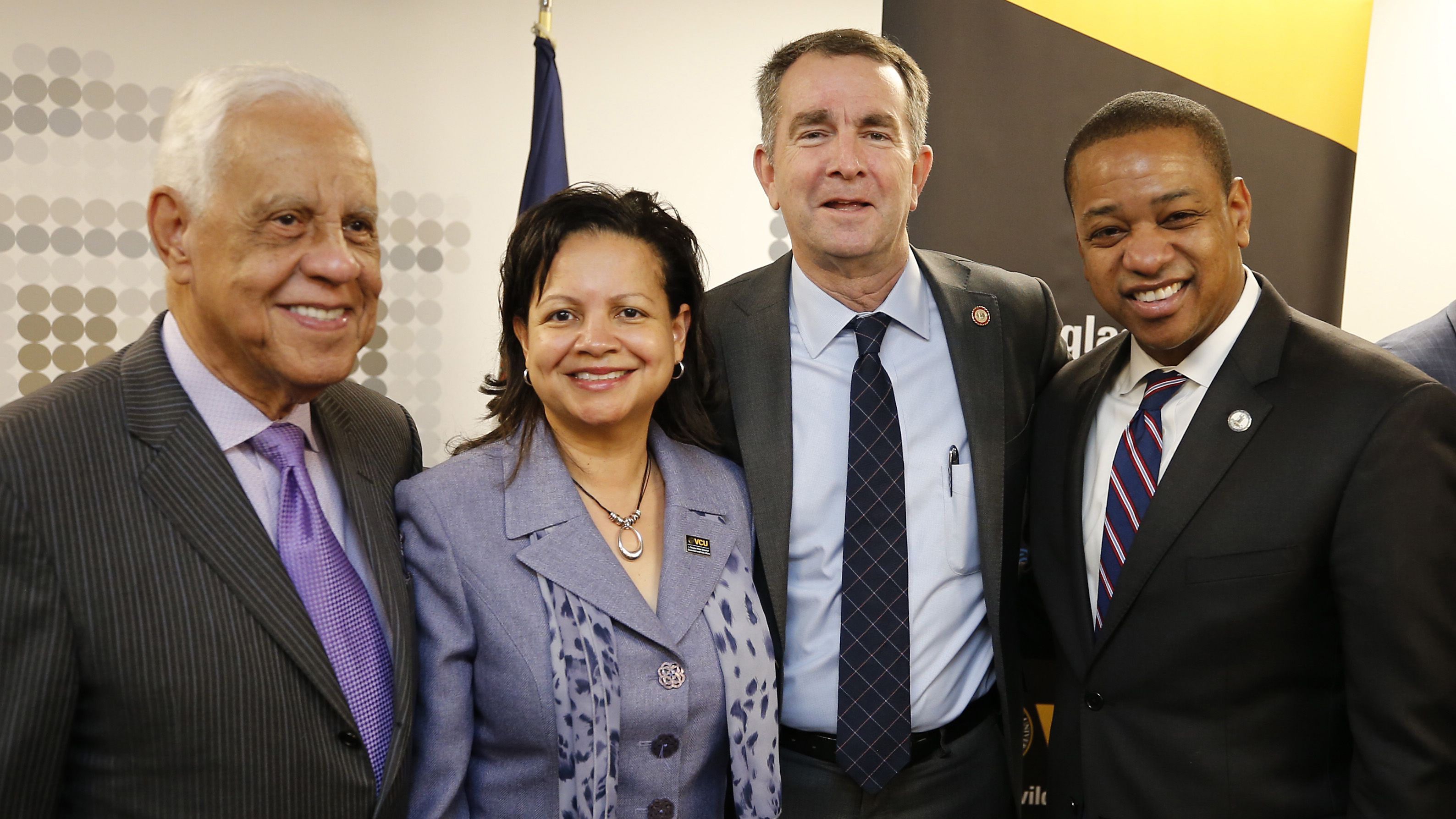 Top: L. Douglas Wilder, Virginia's 66th governor; Interim Dean Susan Gooden, Ph.D.; Governor Ralph Northam; and Lt. Gov. Justin Fairfax. Second: Secretary of Commerce and Trade Brian Ball; Gov.  Northam; Lt. Gov. Fairfax; and Secretary of Education Atif Qarni. Below: Gov. Wilder, Dr. Gooden and Gov. Northam listen to VCU Provost Gail Hackett's welcoming remarks.