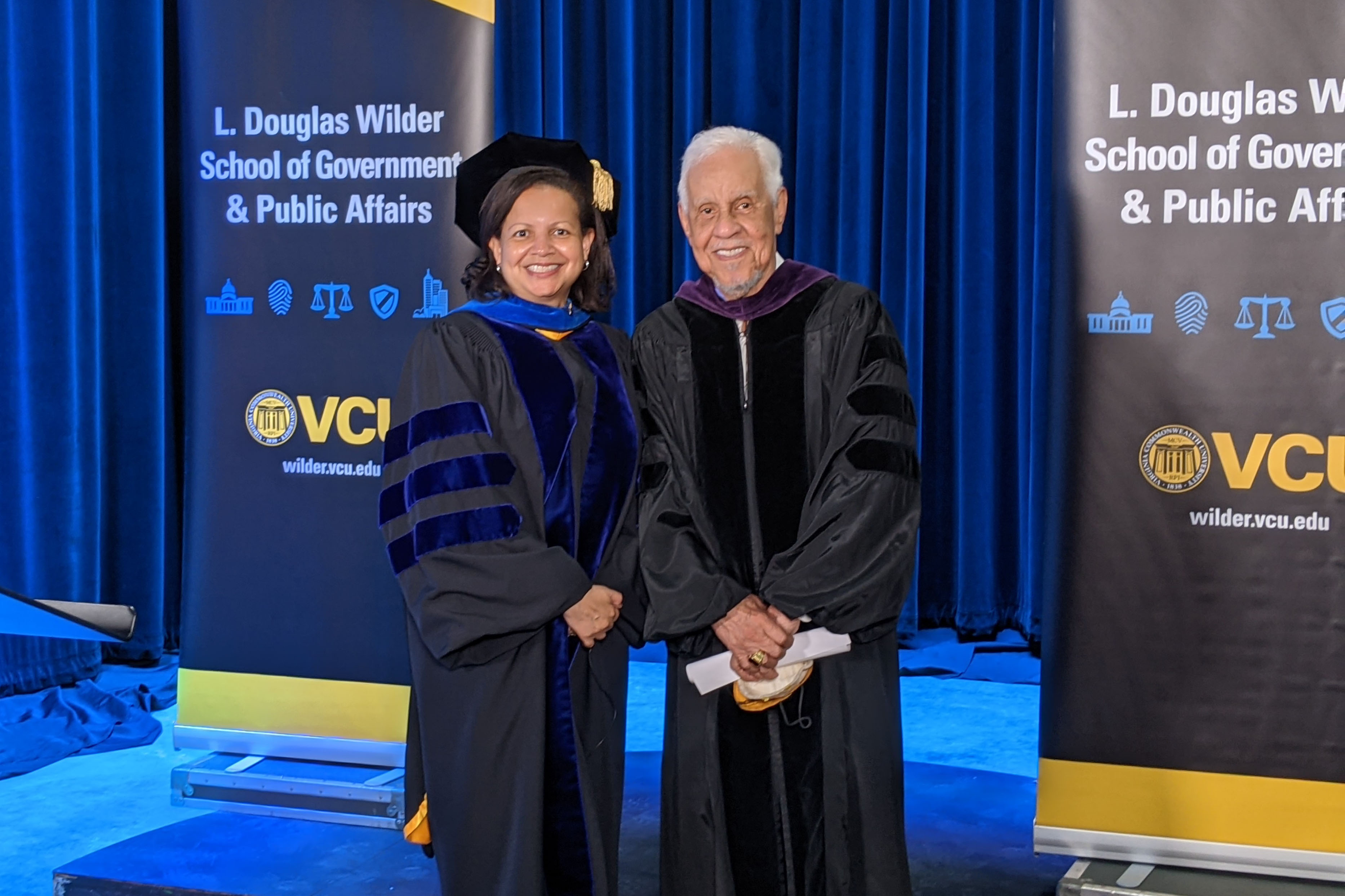 Wilder School Dean Susan T. Gooden and Distinguished Professor and 66th Governor of Virginia L. Douglas Wilder, co-founders of the Research Institute for Social Equity, attend a graduation recording at VPM studios on April 21, 2021.